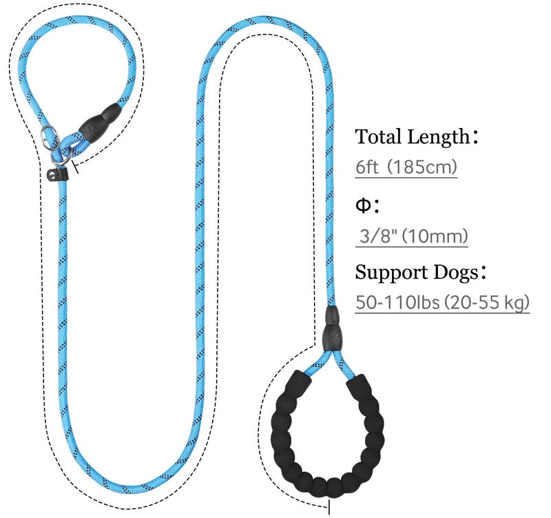 TagME Slip Leads for Dogs, 6 FT Heavy Duty Slip Leash with Padded Handle, Strong Rope No Pull Pet Training Leash for Medium Dogs,Blue - Image 2